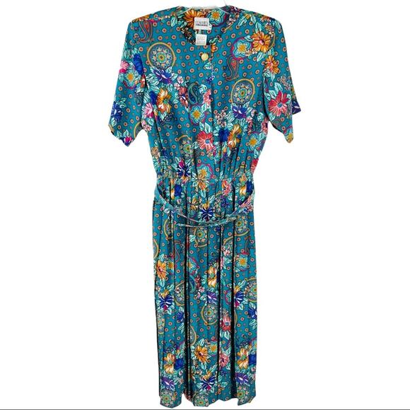 Vintage green purple floral 80s pleated belted button boho office midi dress 12 - Picture 1 of 9